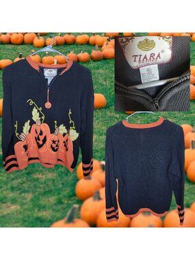 Y2K Halloween sweater with pumpkins jack 0' lanterns Size Petite Large by Tiara